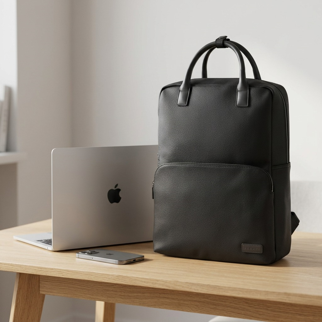 Bugatti Contrast black pebble grain vegan leather backpack for 15.6 inch laptops.