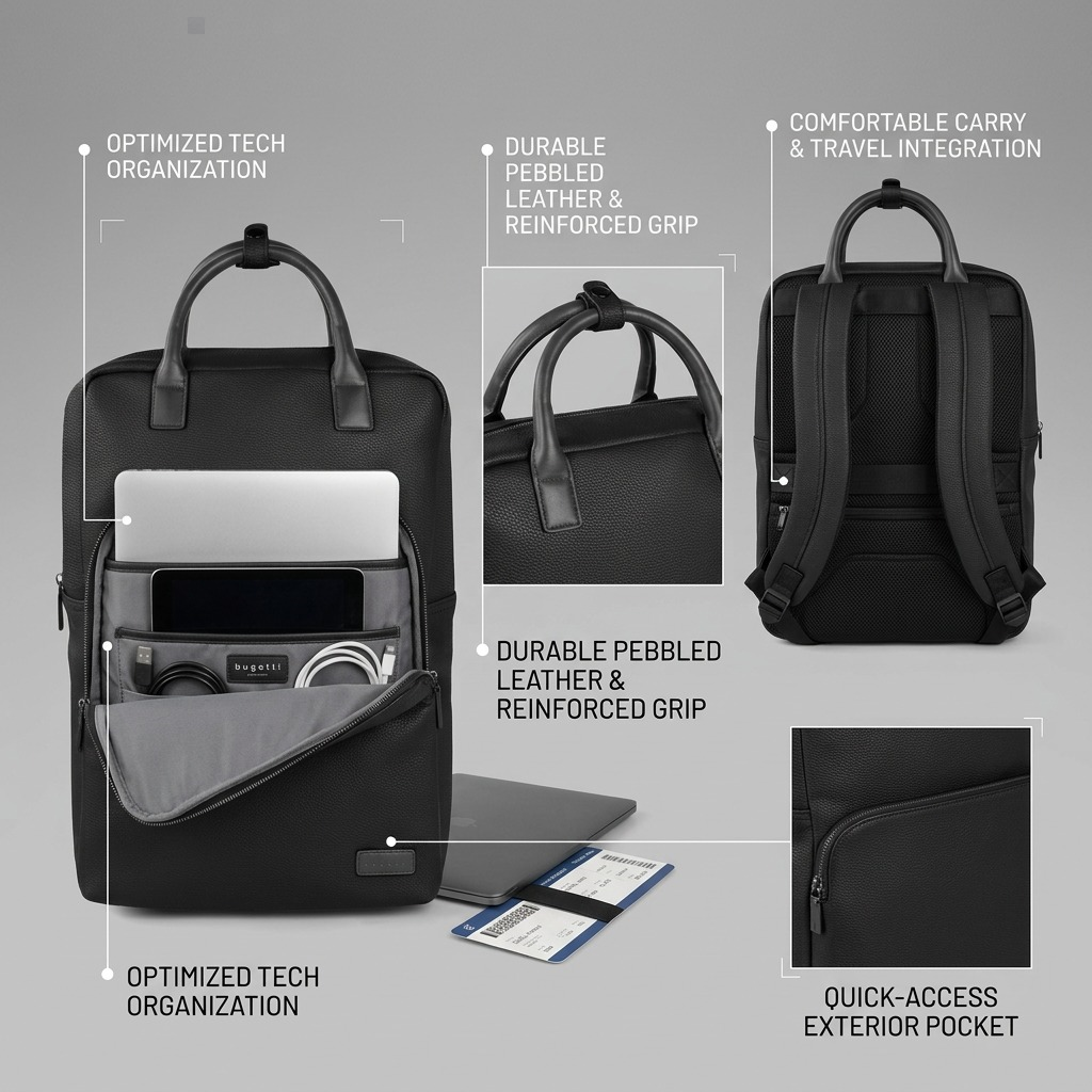 Visuel illustrant les caractéristiques de Bugatti Contrast Pebble – Sac à dos professionnel, noir – photo 6