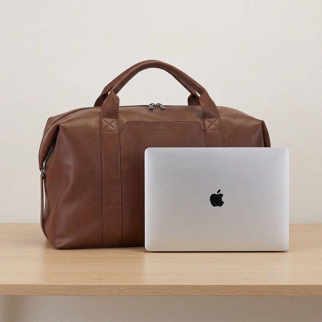 Bugatti Palermo Cognac vegan leather duffle bag featuring dual top handles and a secure top zipper.