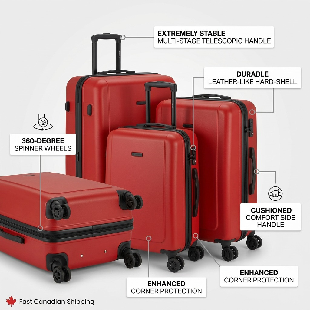 Red Bugatti Nashville 3-piece hardside luggage set with spinner wheels and telescopic handles.