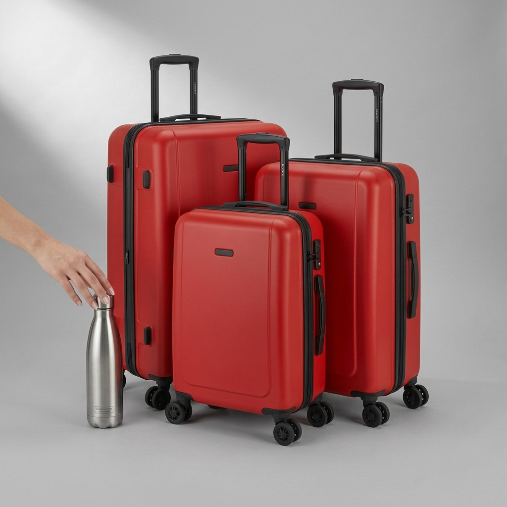 Ensemble de trois valises rigides rouges Bugatti Nashville près d’une bouteille d’eau pour comparaison des tailles