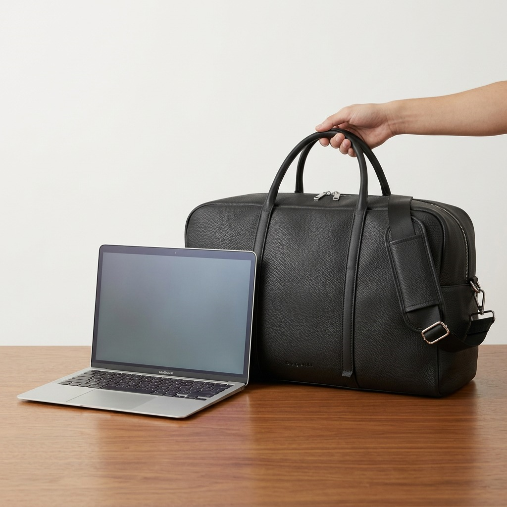 Bugatti Opera duffle bag in black textured vegan leather with top handles and shoulder strap.