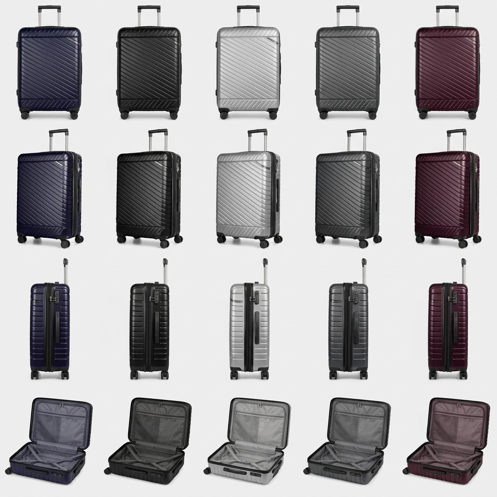 A matrix grid showing Bugatti Oslo carry-on luggage in five colors and four different view angles.