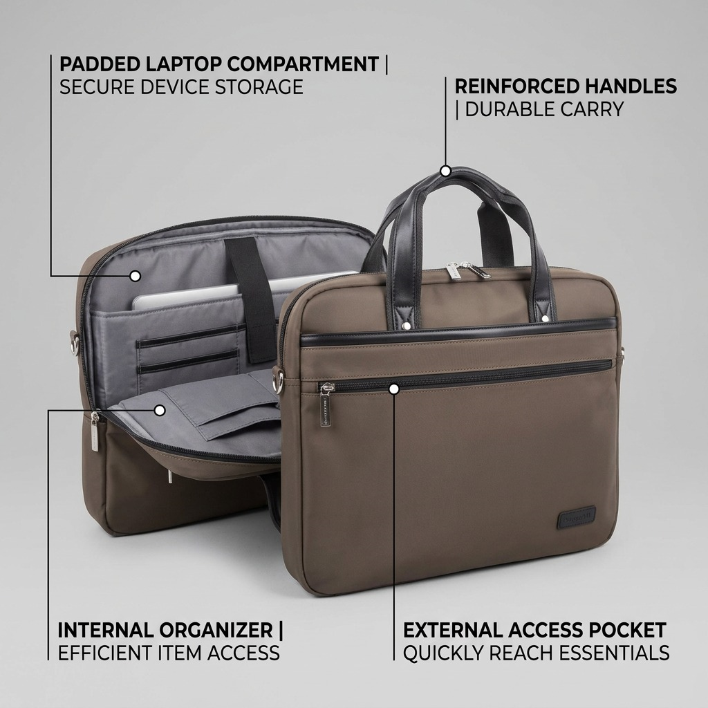 Khaki Bugatti Moretti 15.6 inch laptop briefcase with black trim, dual handles, and front zip pocket.