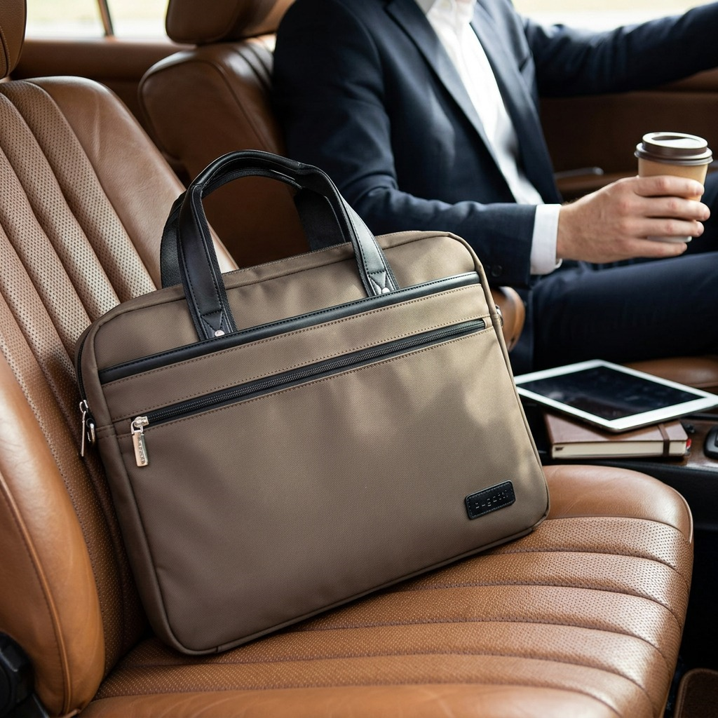 Porte-documents kaki Bugatti Moretti pour portable 15,6 po, posé sur un siège de voiture en cuir brun