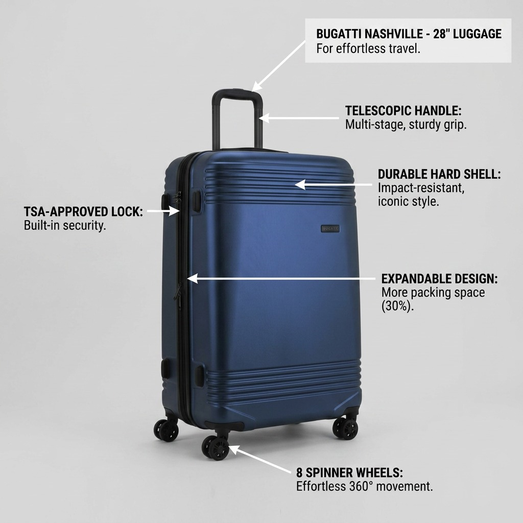 Visuel illustrant les caractéristiques de Bugatti Nashville – Grande valise rigide 28 po, bleu marine – photo 8