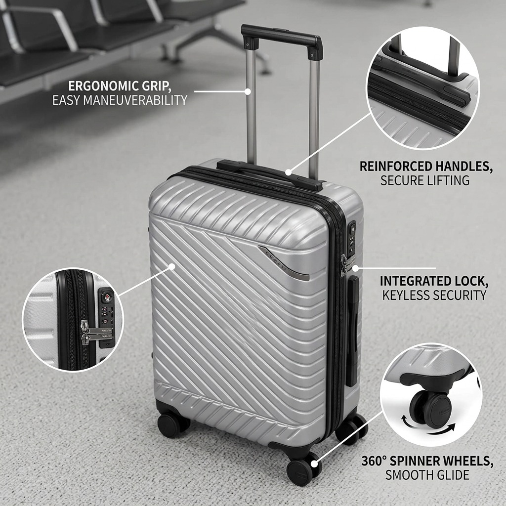 Silver Bugatti Oslo carry-on luggage with textured polycarbonate shell, telescoping handle, and spinner wheels.