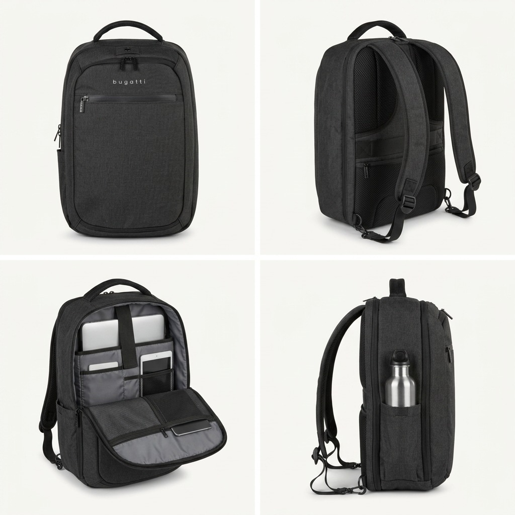 Bugatti Traveller 15.6 inch Laptop Backpack in Charcoal Grey, featuring a sleek modern design.