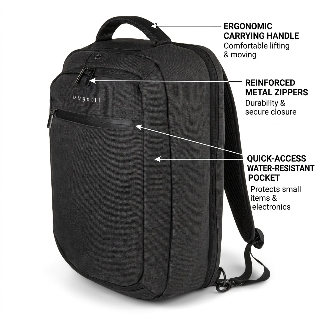 Gros plan sur un détail de Bugatti Traveller – Sac à dos multifonction pour ordinateur portable 15,6 po, anthracite – photo 3