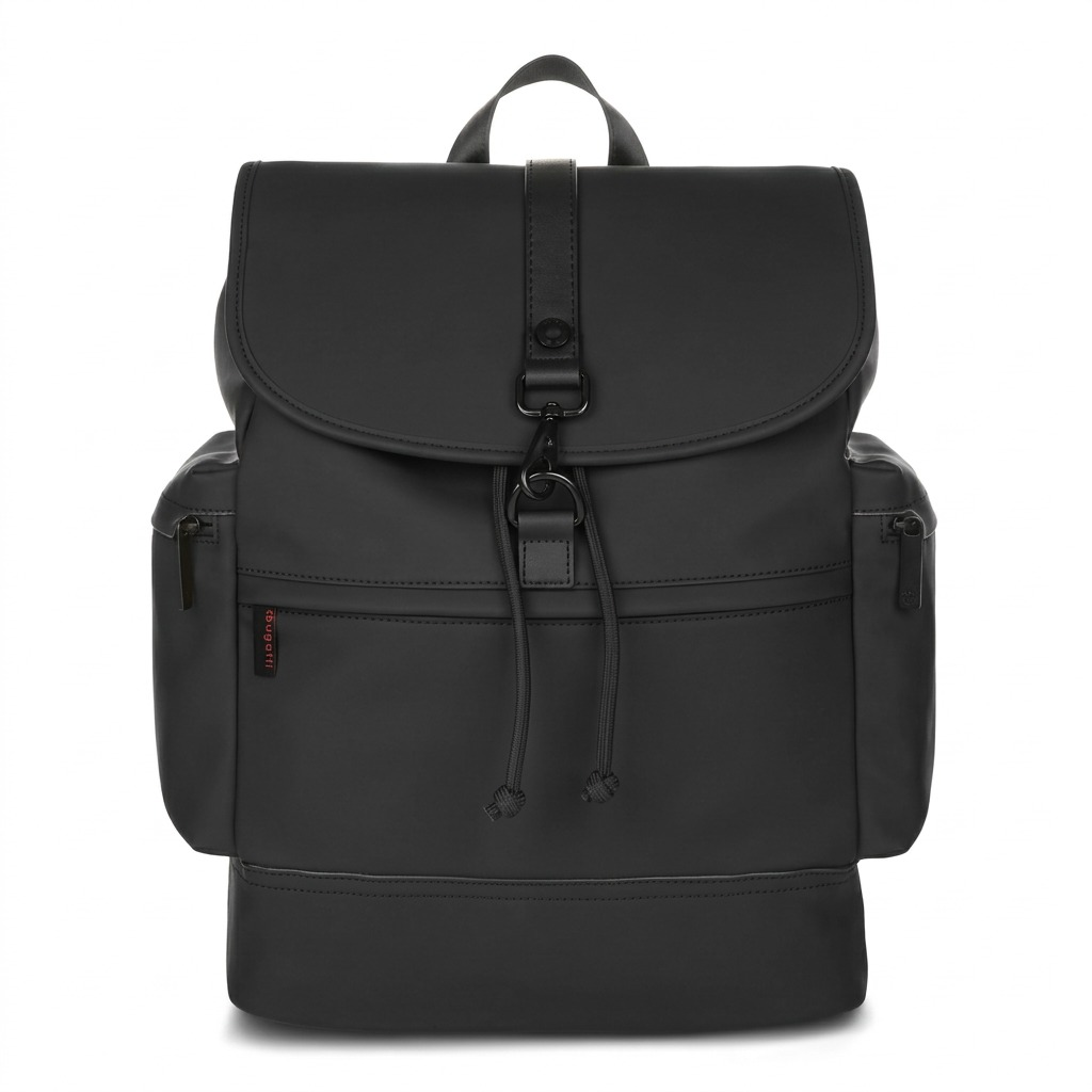Bugatti Edition22 Core Backpack in black vegan leather featuring a top flap and drawstring closure.