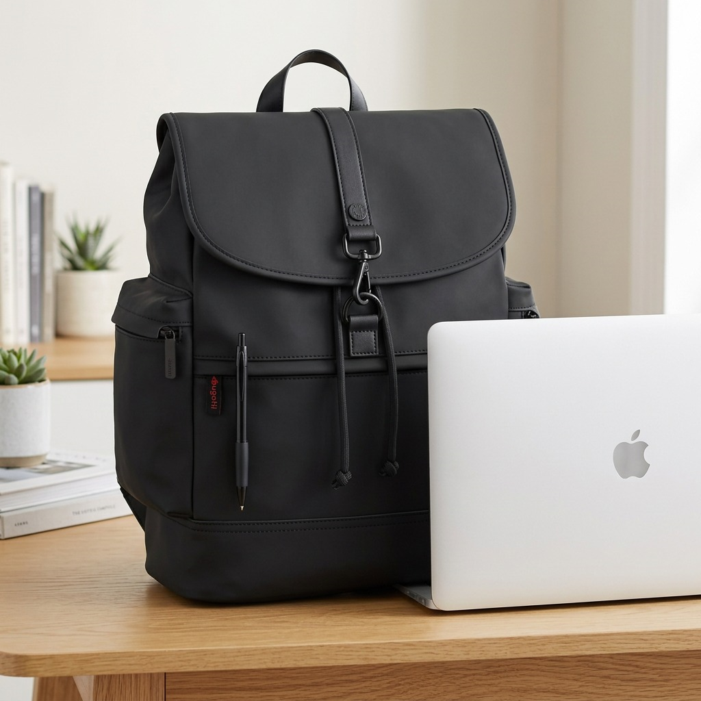 Bugatti Edition22 Core Backpack in black vegan leather featuring a top flap and drawstring closure.