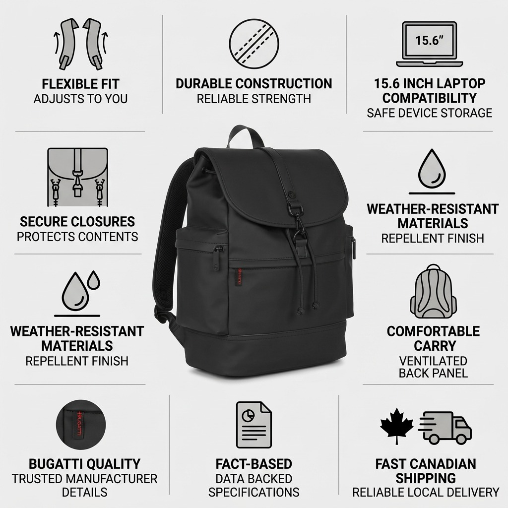 Emballage et présentation de Bugatti Core – Sac à dos en cuir végétalien hydrofuge pour ordinateur portable 15,6 po, noir – photo 3
