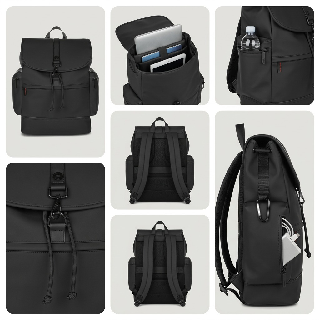 Visuel illustrant les caractéristiques de Bugatti Core – Sac à dos en cuir végétalien hydrofuge pour ordinateur portable 15,6 po, noir – photo 6
