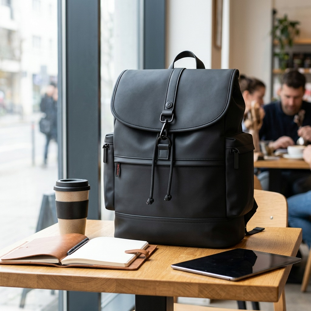 Vue complémentaire de Bugatti Core – Sac à dos en cuir végétalien hydrofuge pour ordinateur portable 15,6 po, noir – photo 5