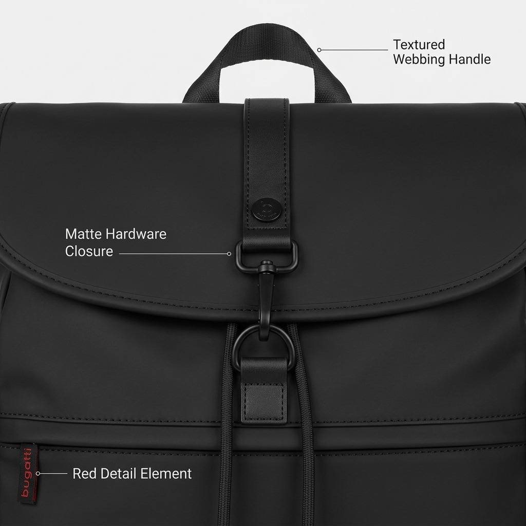 Gros plan sur un détail de Bugatti Core – Sac à dos en cuir végétalien hydrofuge pour ordinateur portable 15,6 po, noir – photo 4