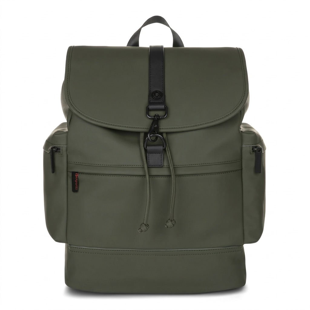 Front view of the Bugatti EDITION22 Core Khaki Backpack in water-resistant vegan leather.