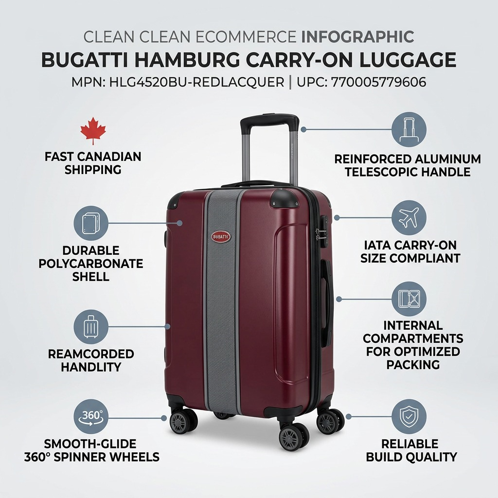 Visuel illustrant les caractéristiques de Bugatti Hamburg – Valise cabine rigide à roulettes 360°, rouge laqué – photo 4