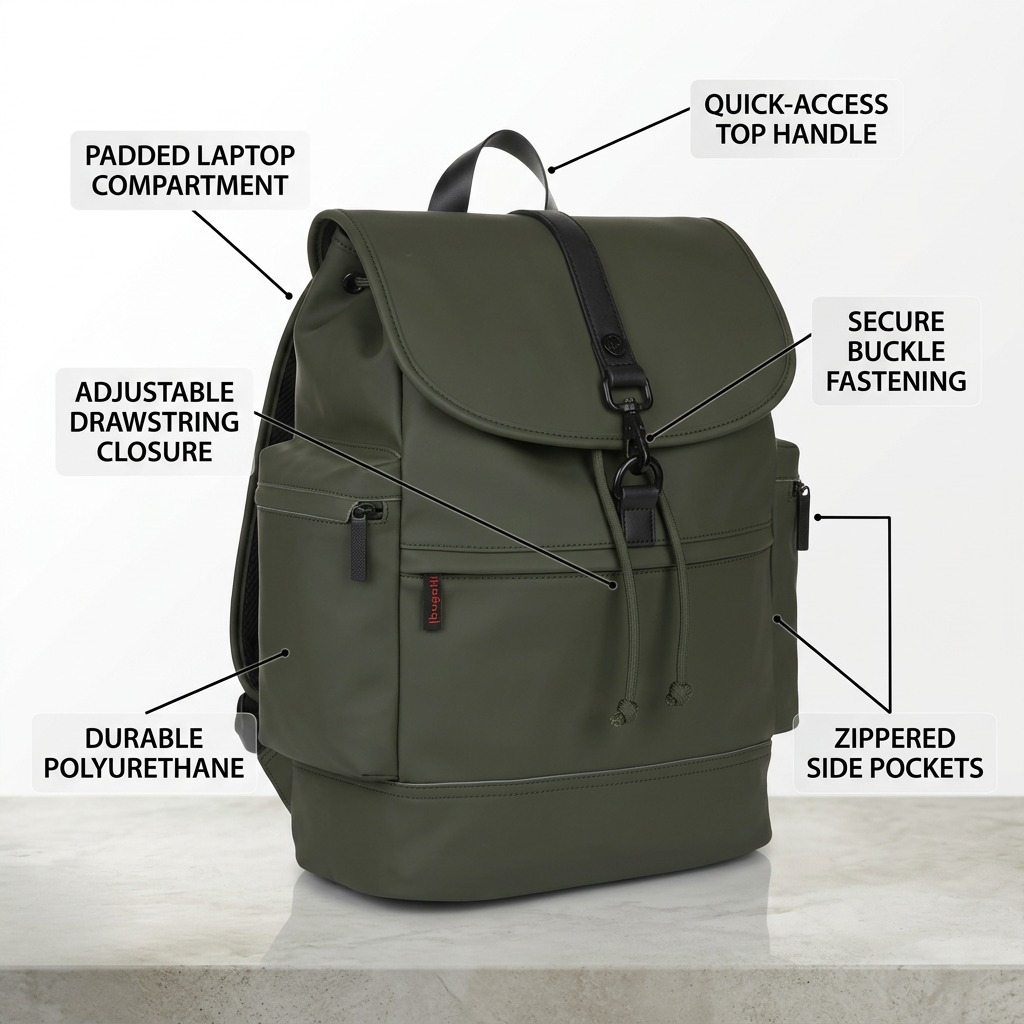 Front view of the Bugatti EDITION22 Core Khaki Backpack in water-resistant vegan leather.