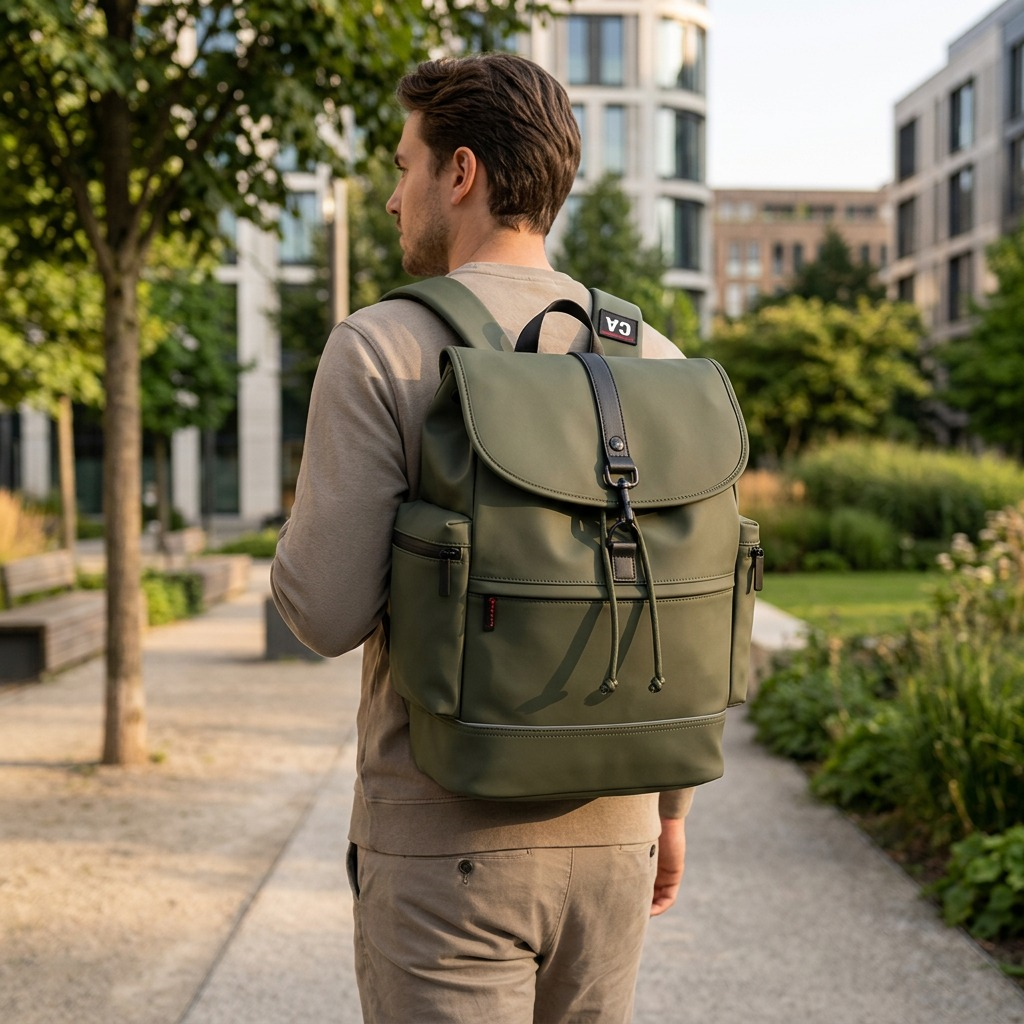 Vue de taille comparative de Bugatti Core – Sac à dos hydrofuge en cuir végétalien pour portable 15,6 po, kaki – photo 7