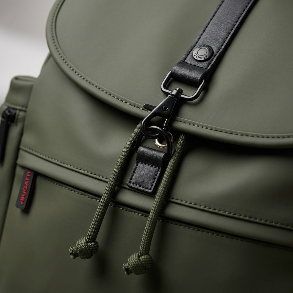 Gros plan sur un détail de Bugatti Core – Sac à dos hydrofuge en cuir végétalien pour portable 15,6 po, kaki – photo 6