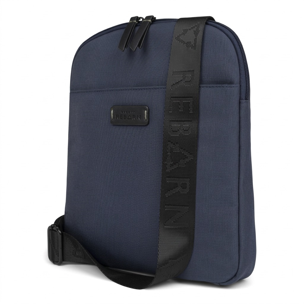 Bugatti Reborn Navy Slim Crossbody Bag made of sustainable material with a branded black strap.
