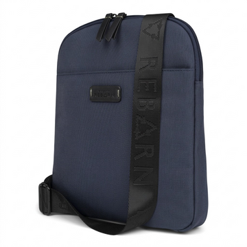 Bugatti Reborn Navy Slim Crossbody Bag made of sustainable material with a branded black strap.
