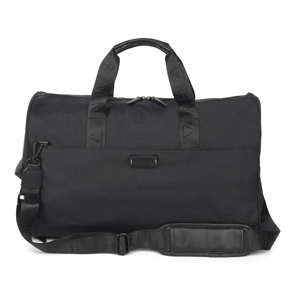 Black Bugatti Reborn Convertible Duffle Bag with top handles and adjustable padded shoulder strap.