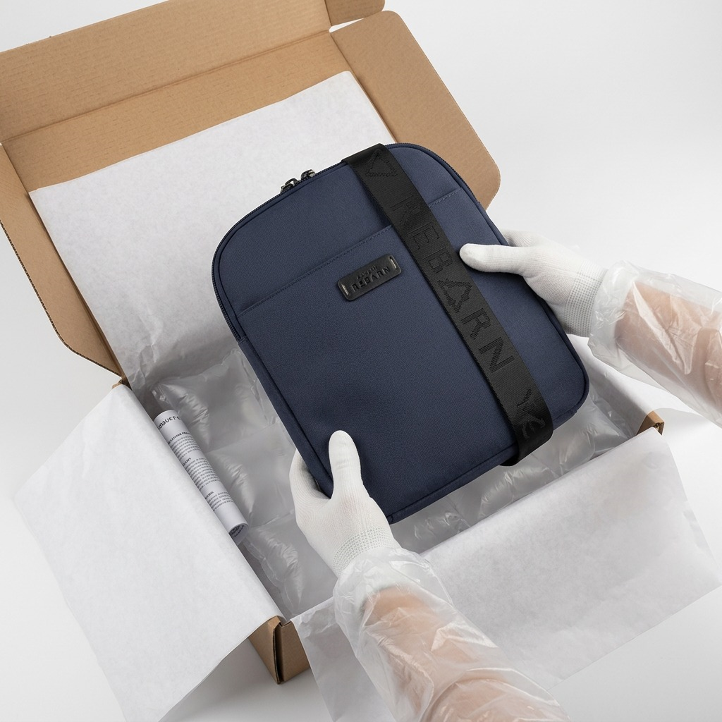 A navy Bugatti Reborn Slim Crossbody Bag being lifted from a shipping box with protective air film.