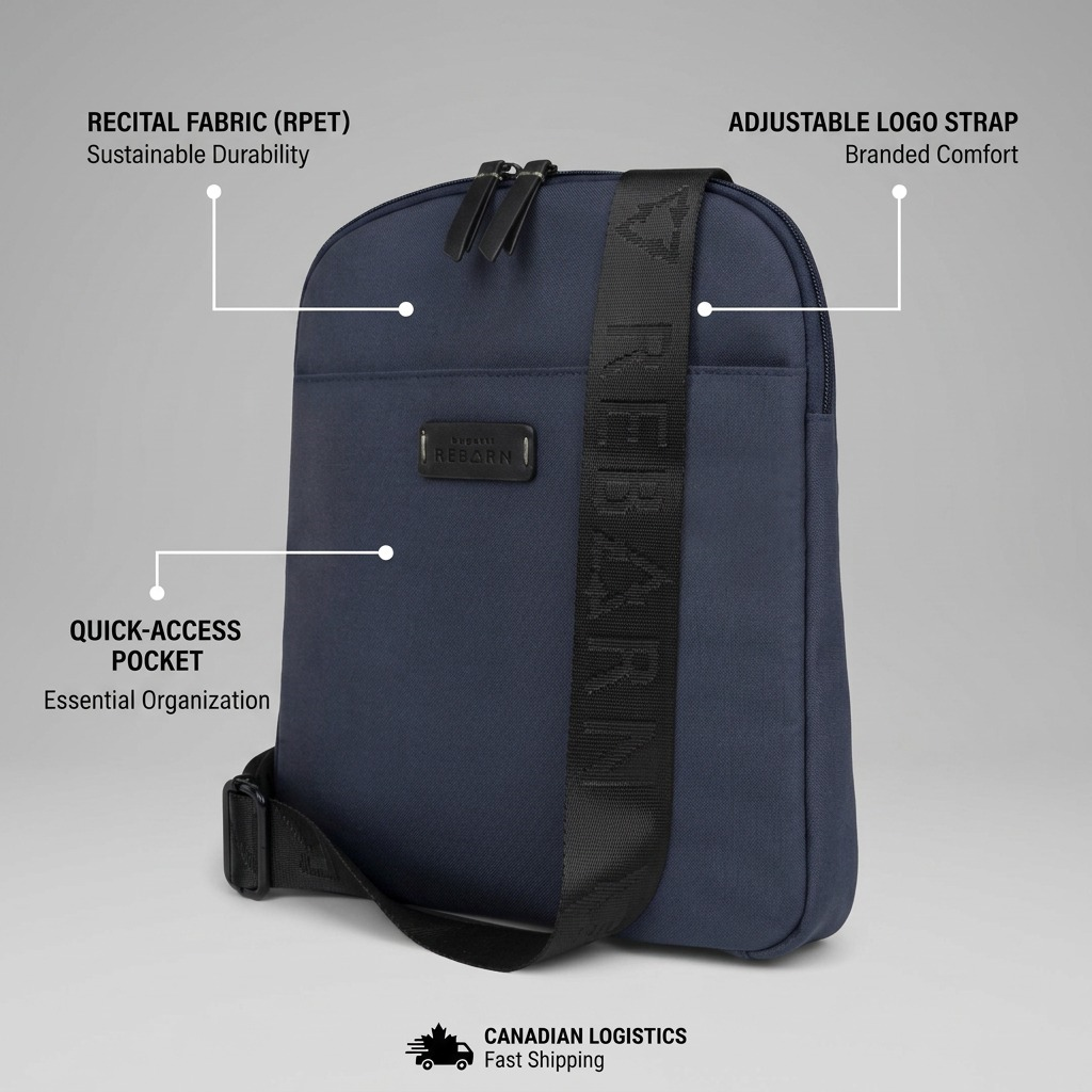 Bugatti Reborn Navy Crossbody Bag showing RPET fabric, quick-access pocket, and adjustable strap.