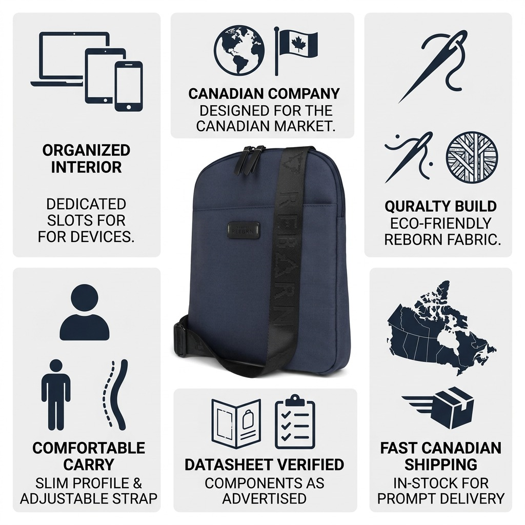 Bugatti Reborn Navy Crossbody Bag infographic highlighting device slots, eco-fabric, and Canadian shipping.