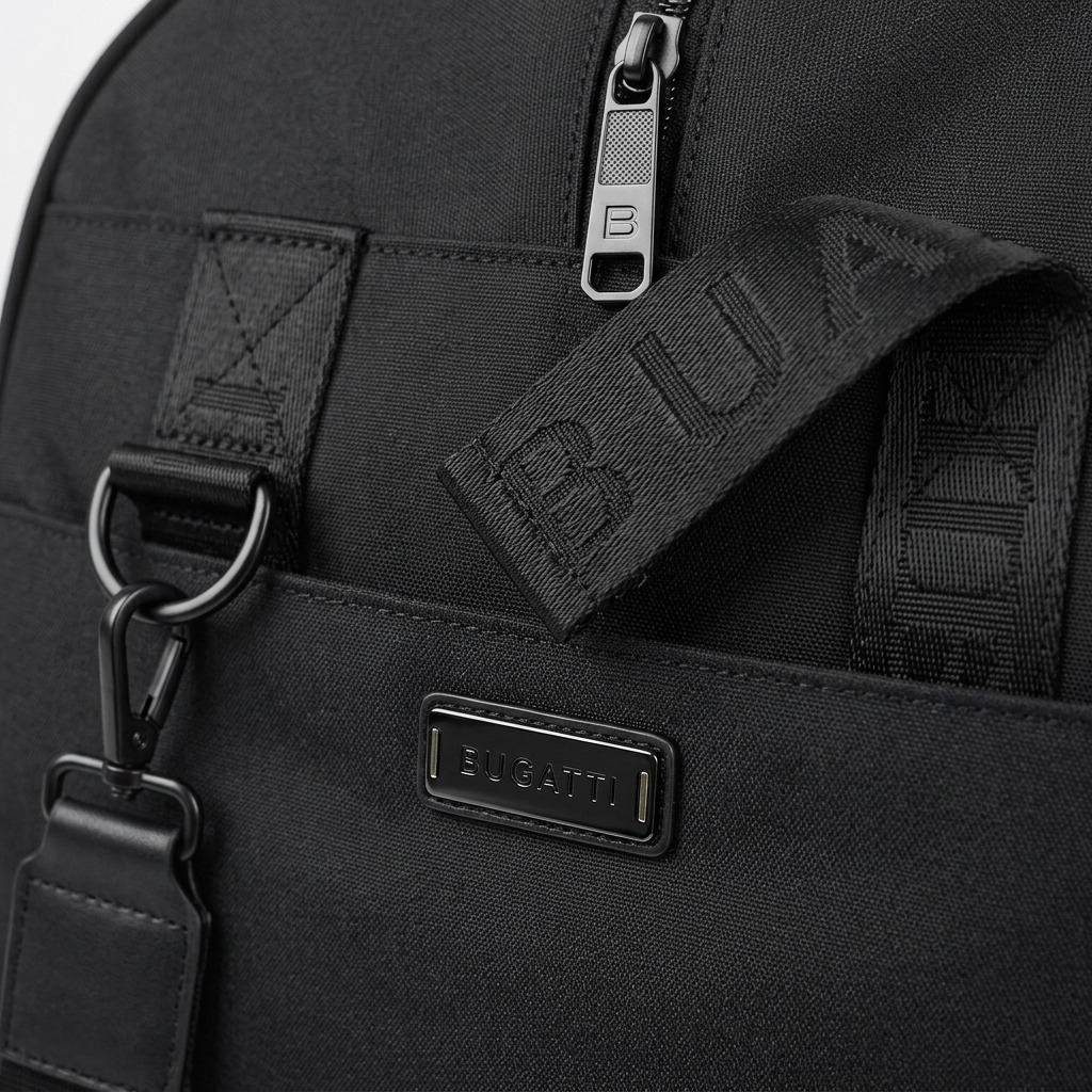 Gros plan sur un détail de Bugatti Reborn – Sac de voyage convertible 2-en-1 en polyester recyclé, noir – photo 4