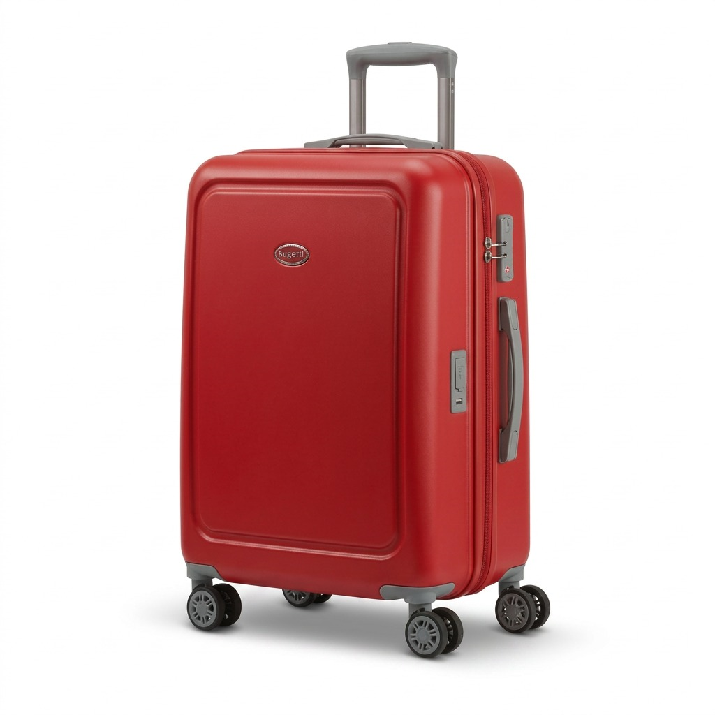 Red Bugatti Birmingham carry-on hardside luggage with dual spinner wheels and telescopic handle.
