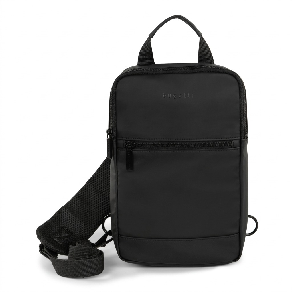 Bugatti Mile End black sling bag in matte water-resistant material with mesh strap and top handle.