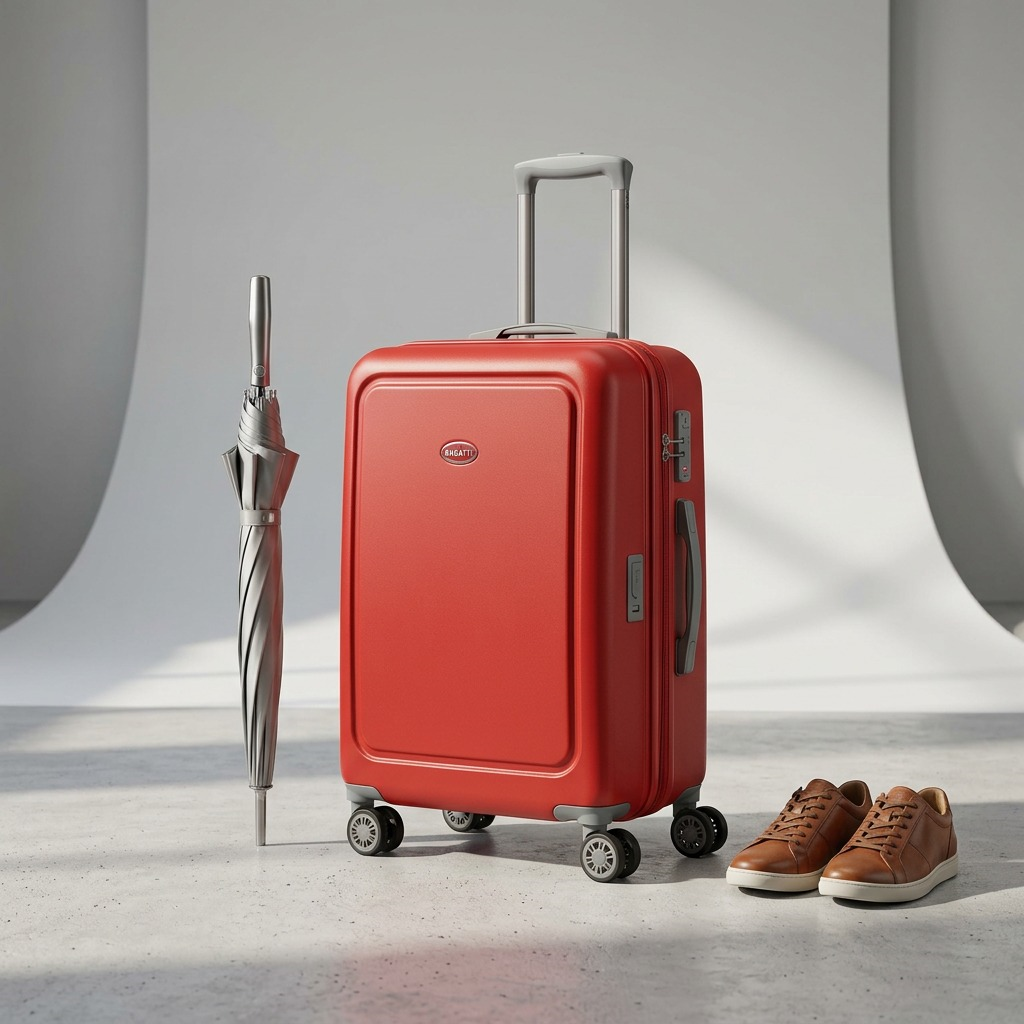 Red Bugatti Birmingham carry-on hardside luggage with dual spinner wheels and telescopic handle.