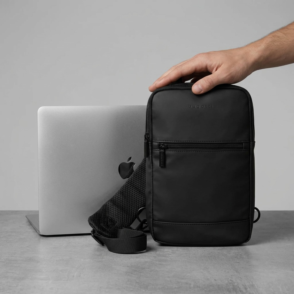 Bugatti Mile End black sling bag in matte water-resistant material with mesh strap and top handle.