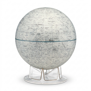 Pure hero shot of the canonical Replogle Globes 12" Moon Desk Globe on its clear multi-faceted acrylic stand, centered against a seamless pure white background, with a clean contact shadow. The detailed lunar surface and markings are sharp and clearly visible, matching image_0.png.