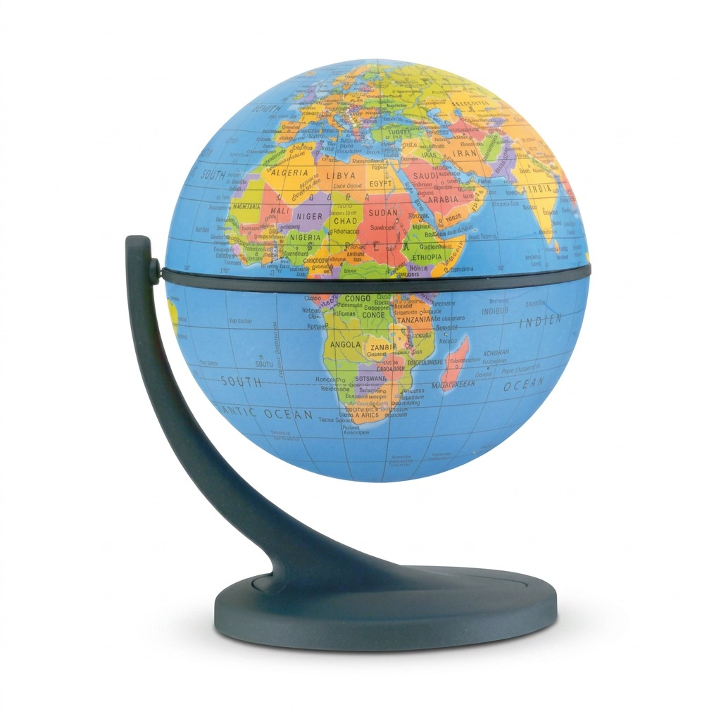 A high-resolution, pure white background product photograph of the Replogle Wonderglobe desk globe, featuring the blue ocean and colorful landmasses, on its dark blue curved stand.