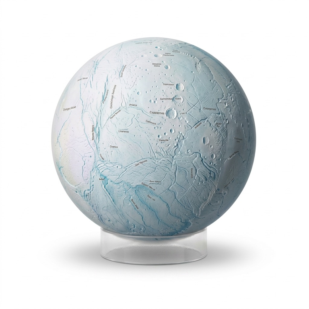 High-resolution hero shot of the 12-inch diameter pale icy blue Replogle Enceladus globe on a clear stand, against a pure white background.