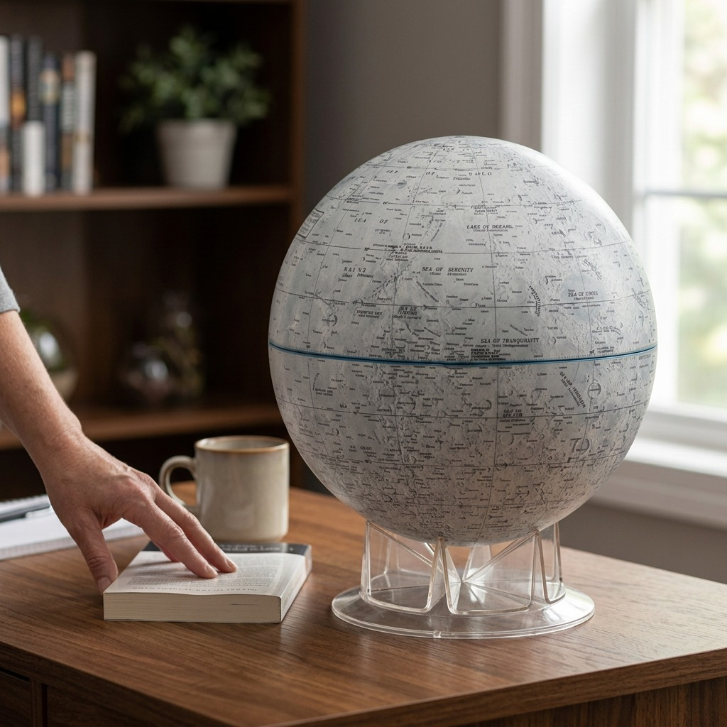 Pure hero shot of the canonical Replogle Globes 12" Moon Desk Globe on its clear multi-faceted acrylic stand, centered against a seamless pure white background, with a clean contact shadow. The detailed lunar surface and markings are sharp and clearly visible, matching image_0.png.