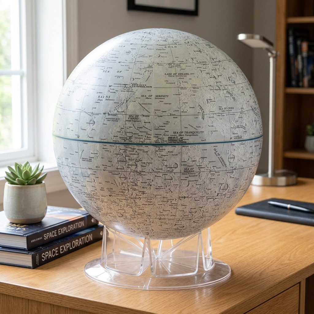 A photograph of the detailed Moon globe on its clear acrylic stand, placed within a contemporary home office environment. The globe sits on a clean, light-colored wooden desk next to a stack of astronomy books and a small succulent plant, with neutral sunlight streaming in from a window. There are no people visible. The globe itself is rendering-accurate to the image_0.png reference.