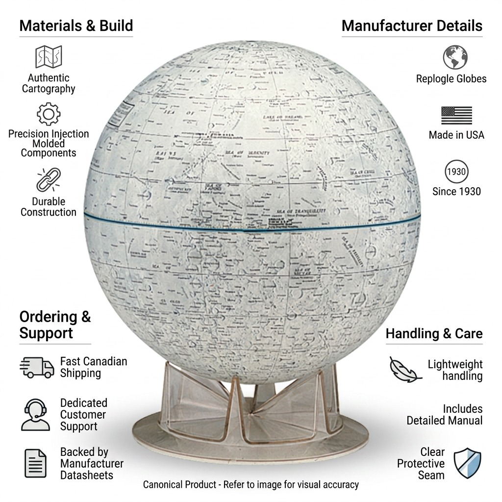 An infographics for the Replogle Moon Globe. Icons and copy around the central globe visual highlights details on materials, manufacturer history, handling, and ordering/support features and benefits.