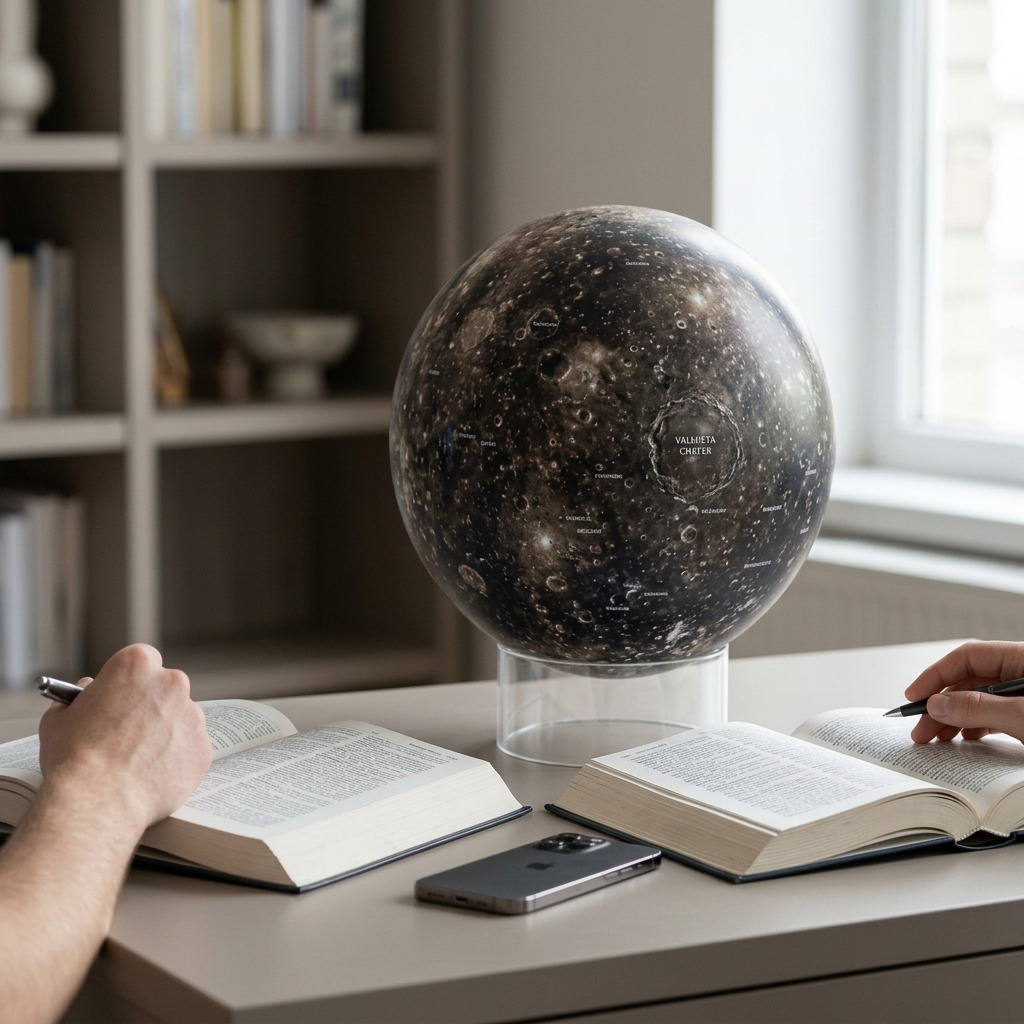 Replogle Astronomy Magazine 12-inch Callisto surface globe on a clear acrylic stand.