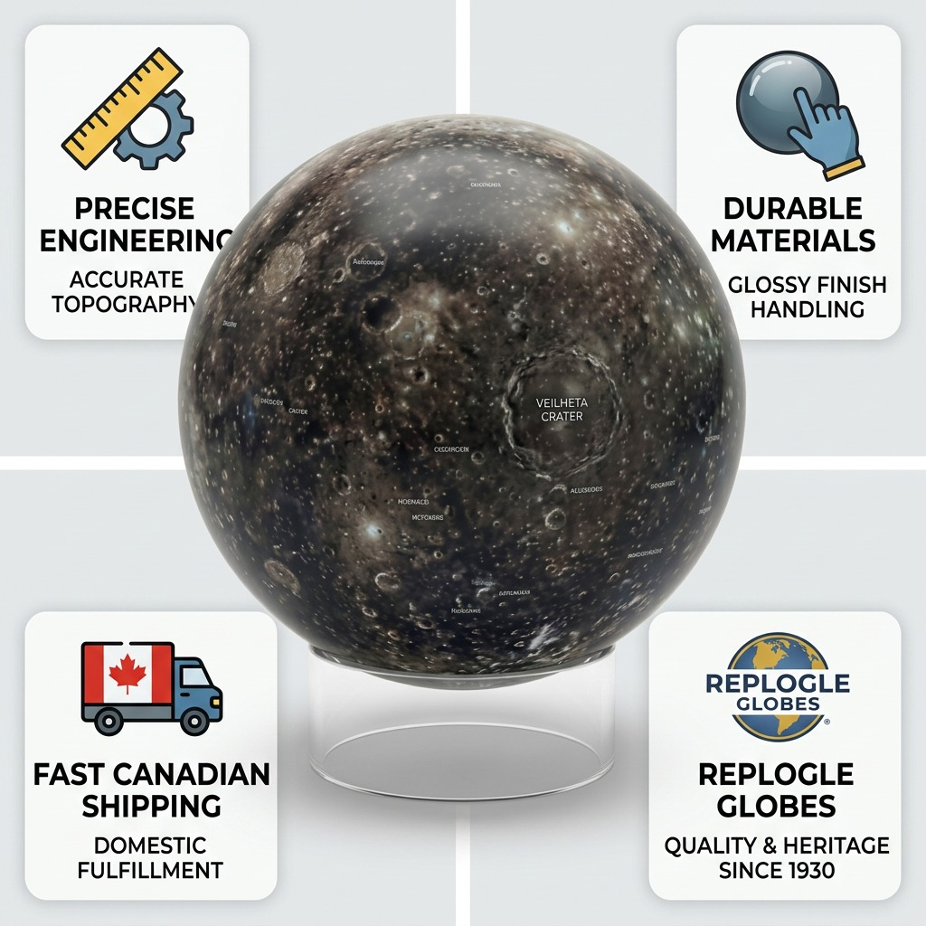 Replogle Astro CALLISTO – Globe multicolore — Infographie présentant les caractéristiques