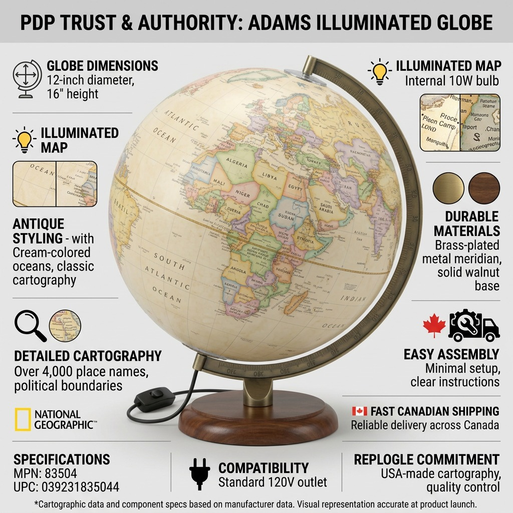 Replogle NG ADAMS – Globe lumineux antique — Infographie présentant les caractéristiques