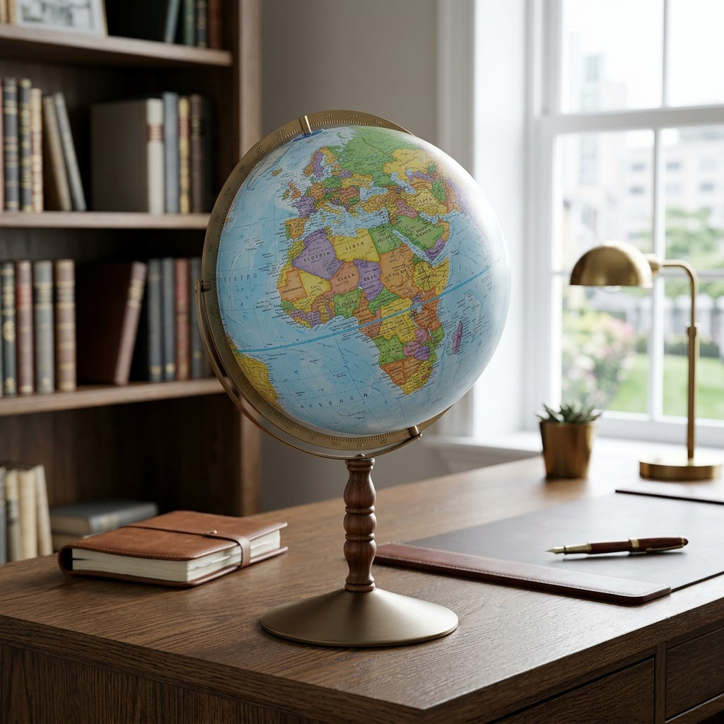 Macrophotography showing the wood-turned pedestal, metal base, full meridian, and cartography details of the globe.