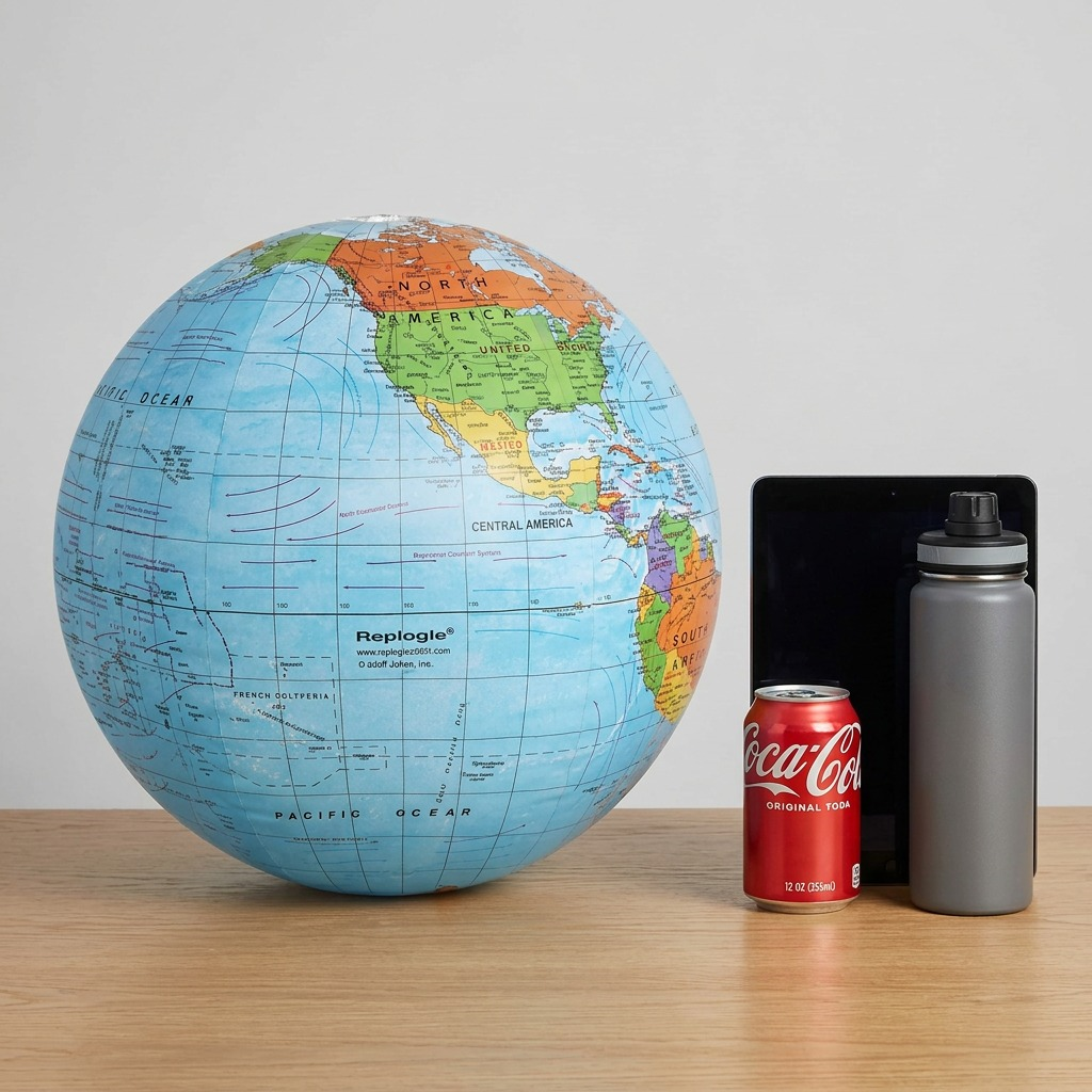 Scale reference: Replogle Inflatable 12" Globe (15001) shown beside an 11" tablet, soda can, and bottle.