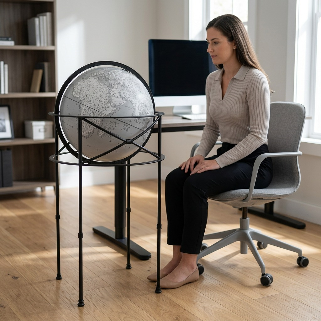 A clean, centered hero shot of the grey Dawson floor-standing globe from Replogle on a pure white background.
