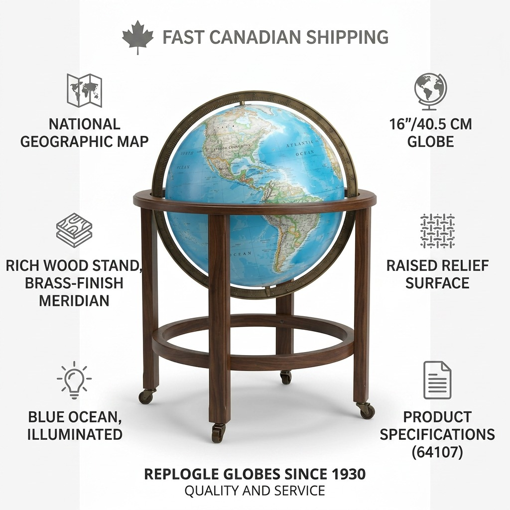 Replogle Kingsley 16" blue illuminated relief floor globe, walnut stand with casters, isolated on white.