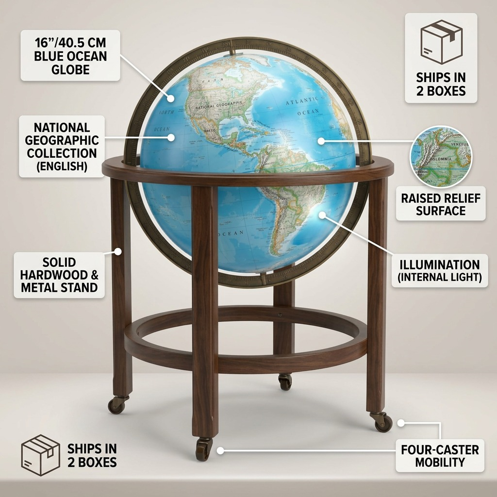 Replogle NG Kingsley – Globe sur pied lumineux 16 po bleu EN — Infographie présentant les caractéristiques