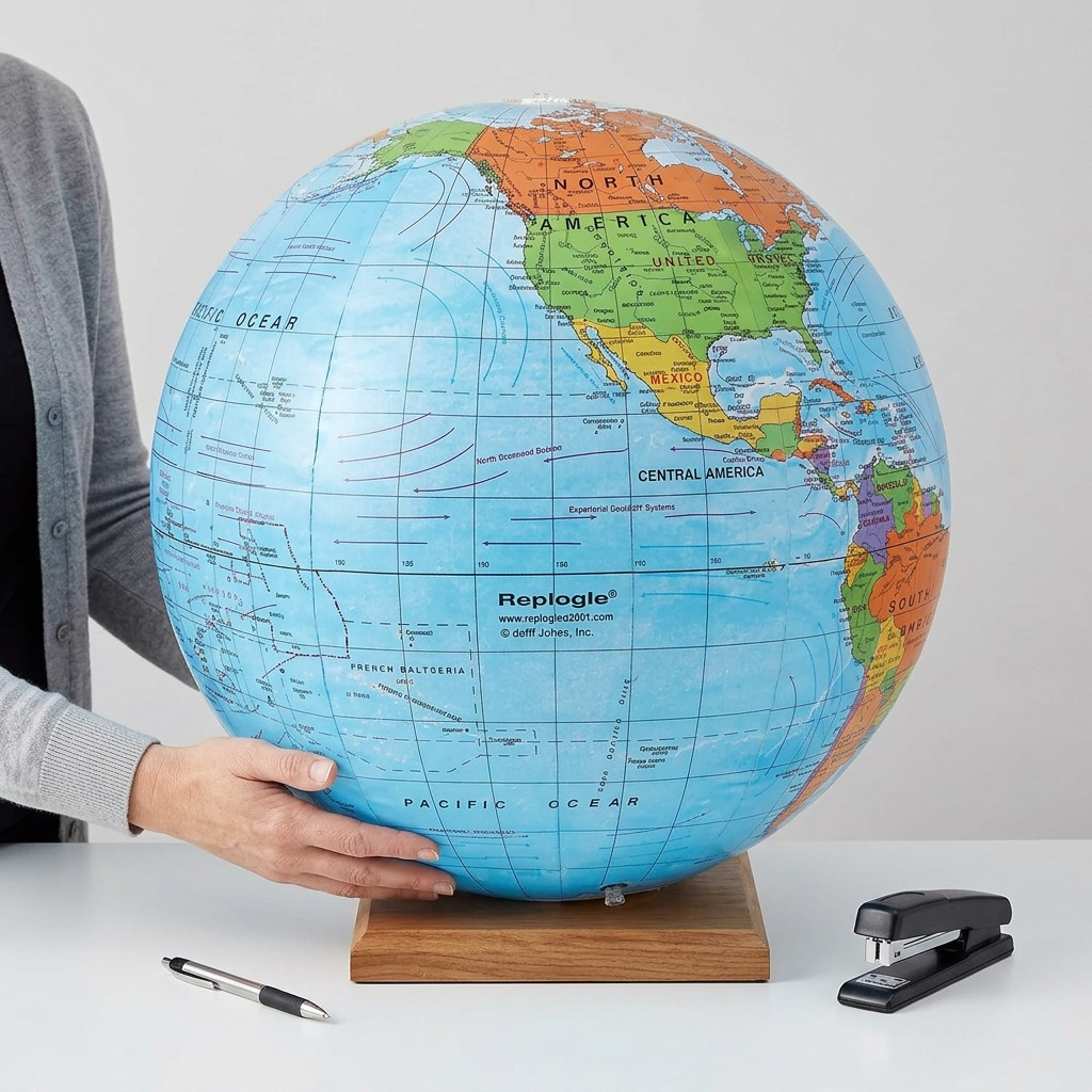 A high-resolution, centered ecommerce product shot of the 27" Replogle Globe Inflatable World Globe on a pure white background.